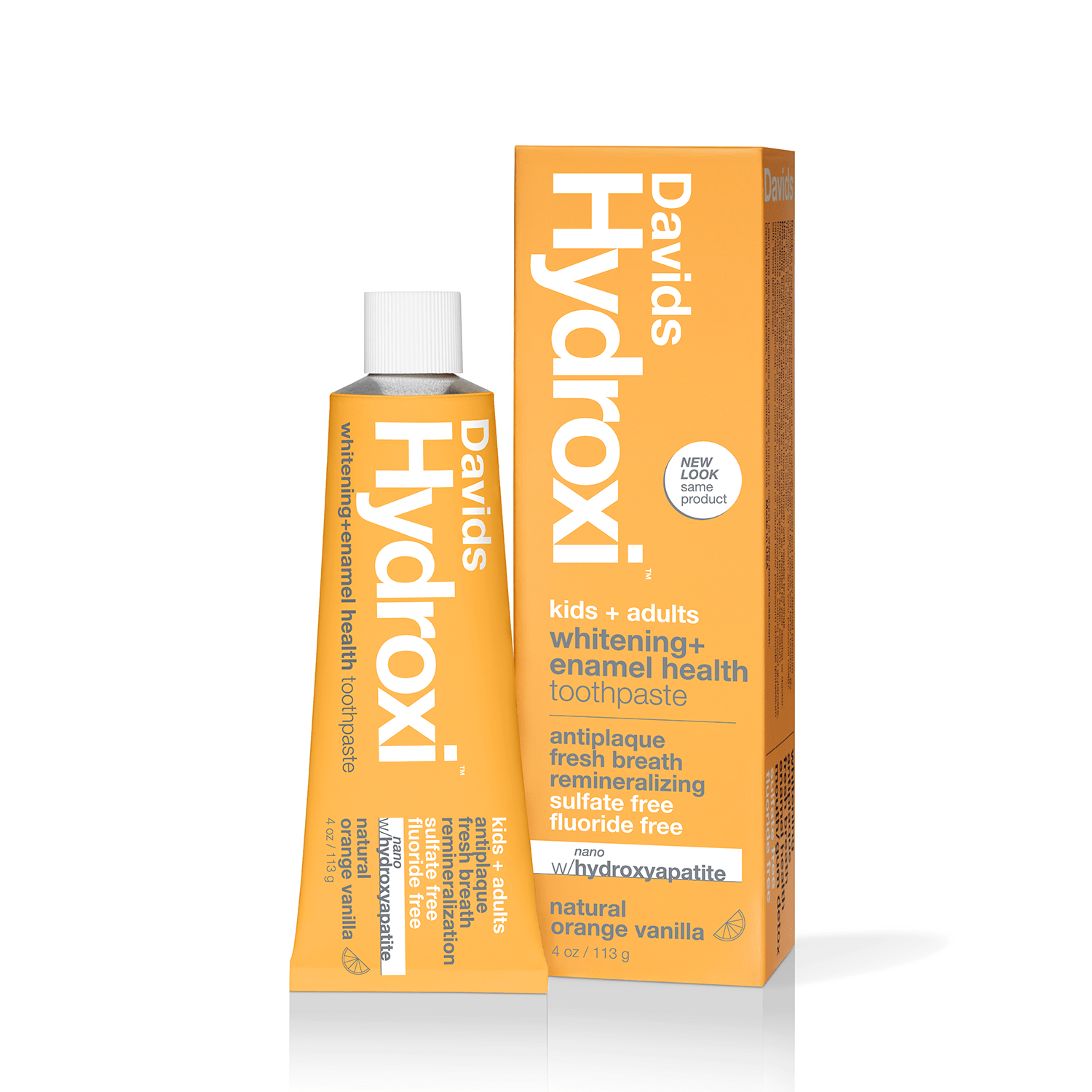 Davids Hydroxi™ whitening + enamel health, nano-hydroxyapatite toothpaste, kids + adults / orange vanilla