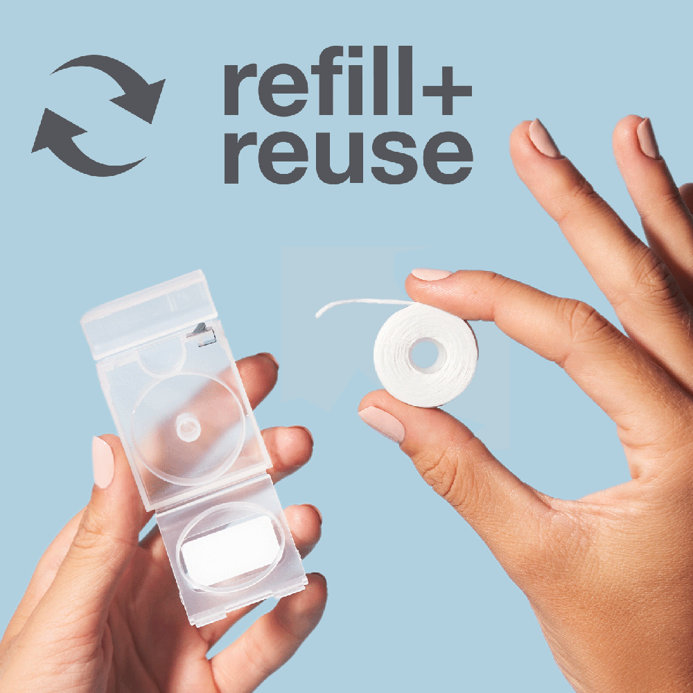 Davids Hydroxi™ expanding dental floss / refillable dispenser + refill / mint / 60m