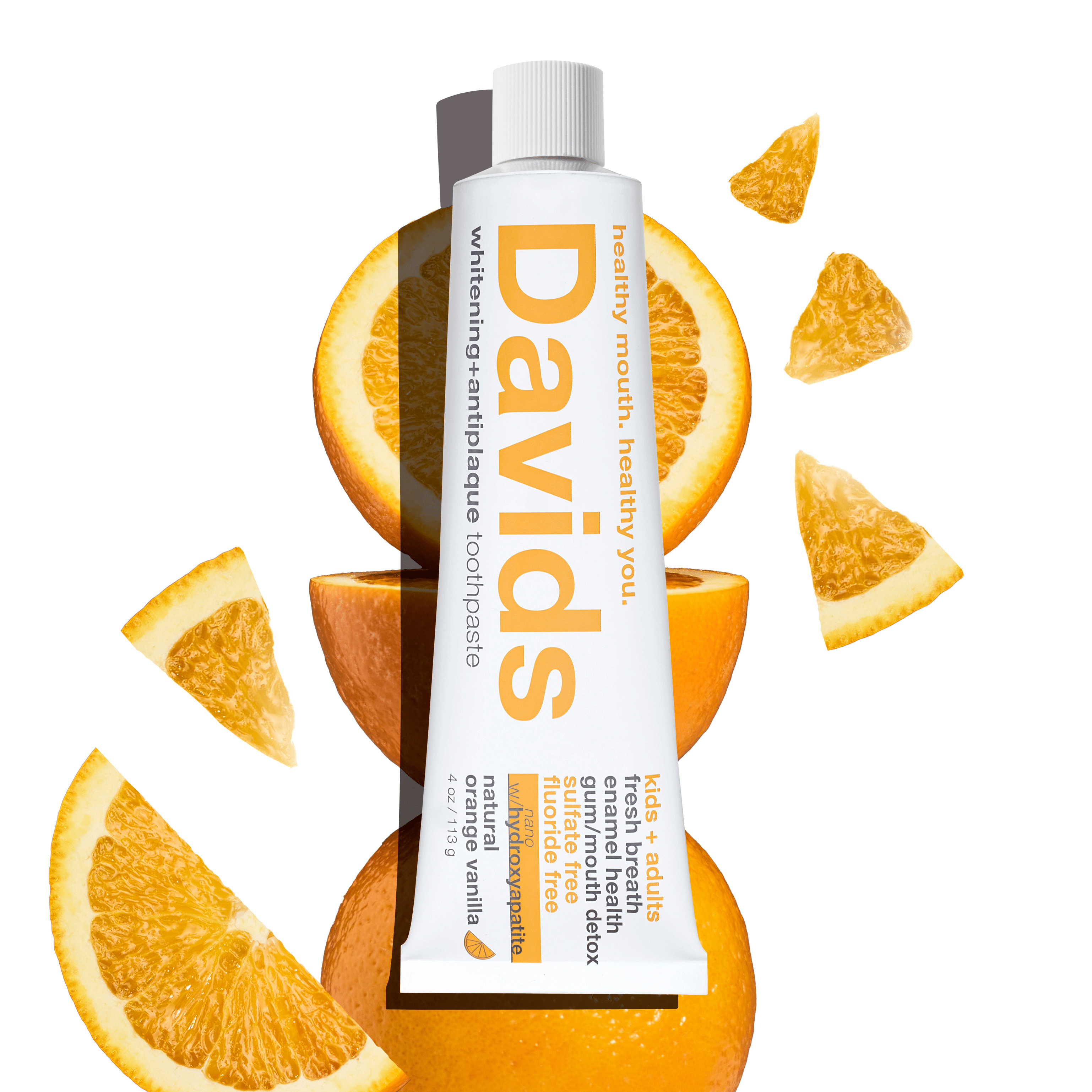 Davids Hydroxi™ whitening + enamel health, nano-hydroxyapatite toothpaste, kids + adults / orange vanilla