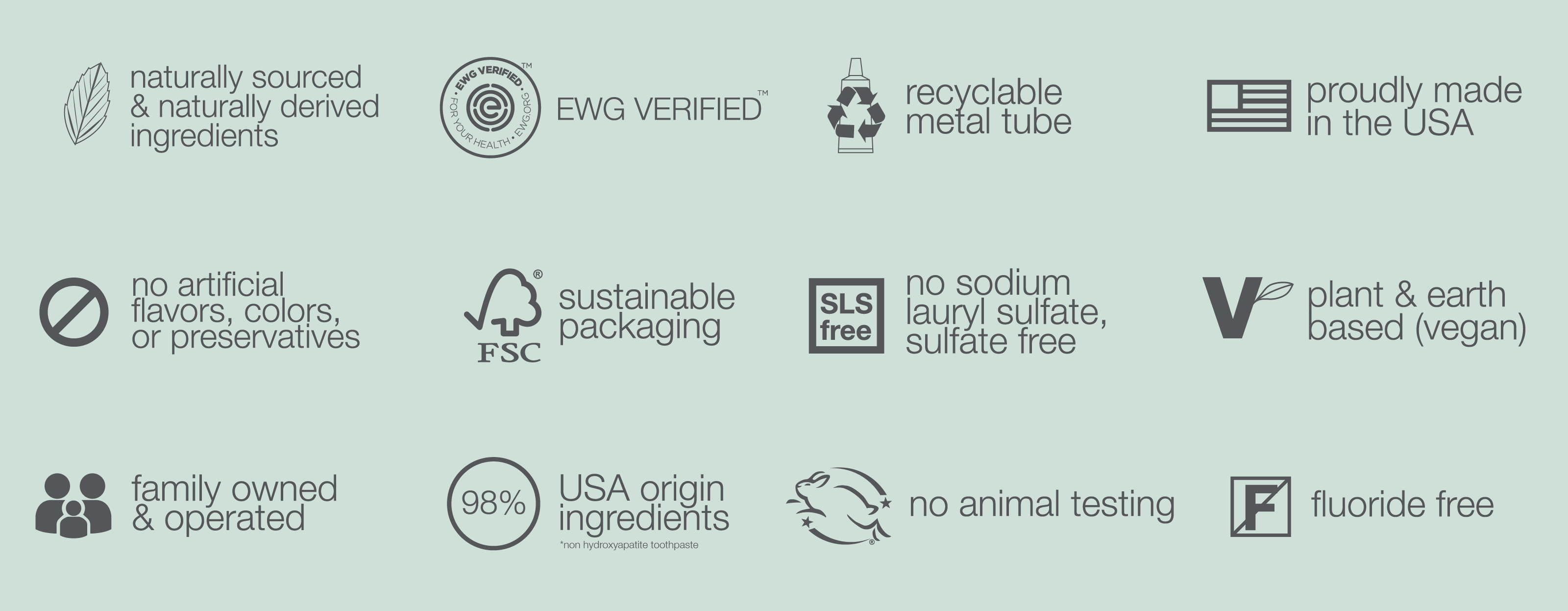 Icons highlighting Davids toothpaste benefits like fluoride-free, vegan, sustainable, and USA-made