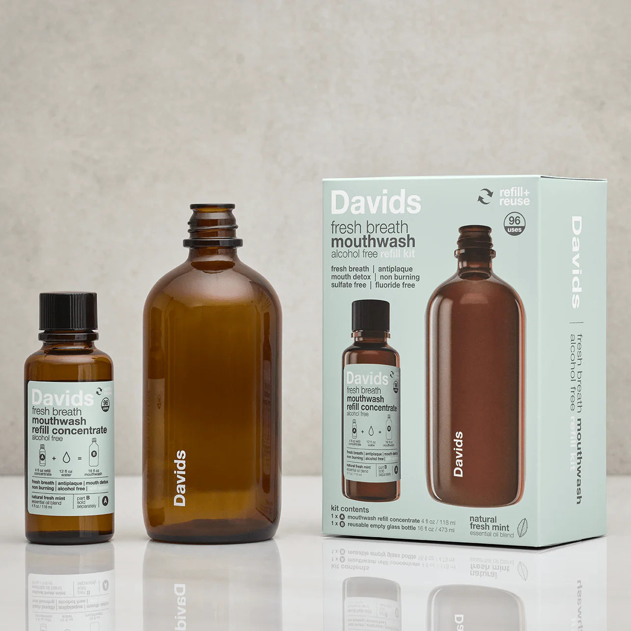 Davids Hydroxi™ fresh breath mouthwash / natural fresh mint / refill kit