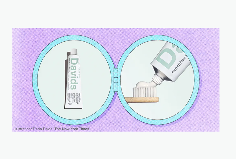 Graphic by the New York Times showcasing Davids Toothpaste through two sides of a foldable cosmetic mirror