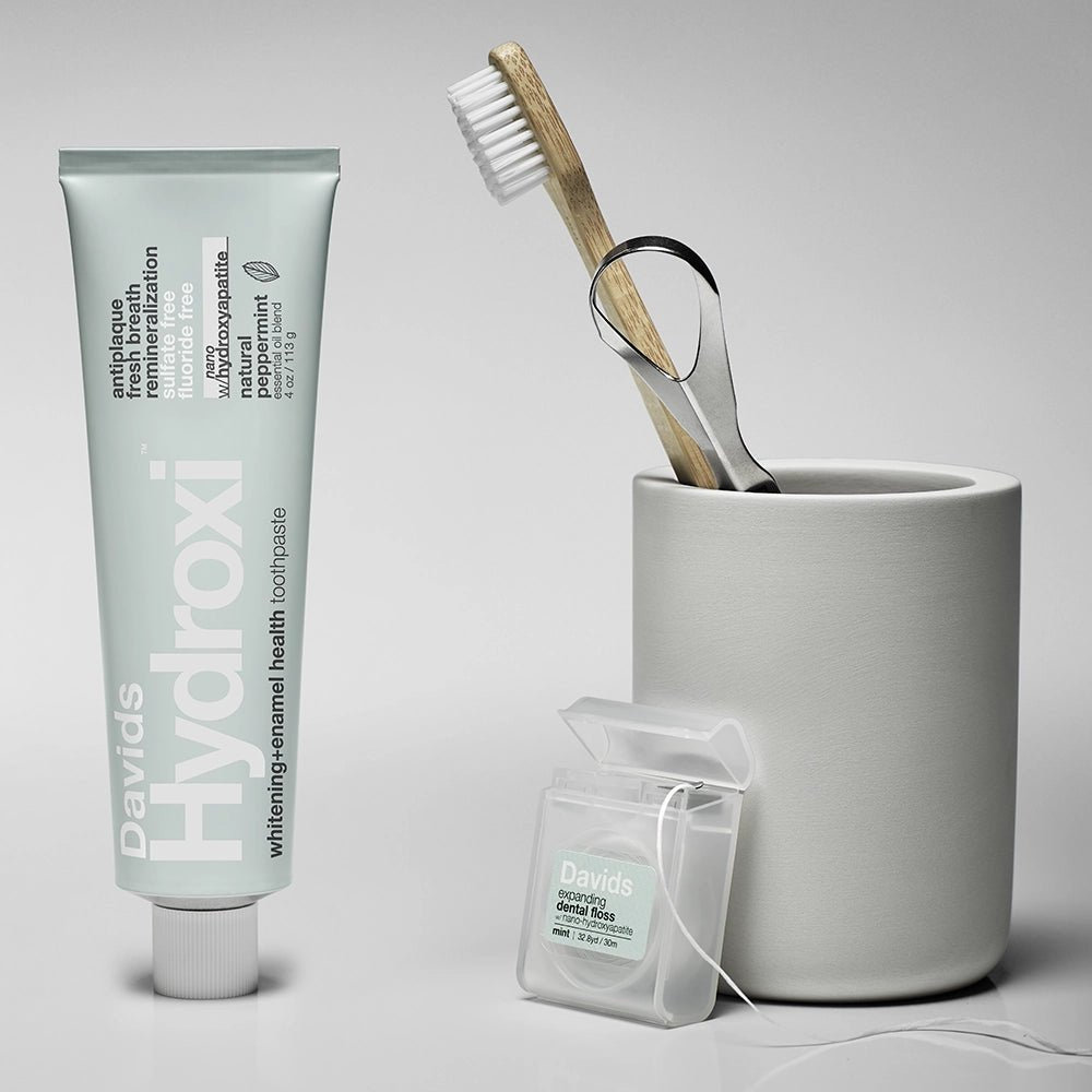 Davids Essential Whitening Bundle / nano hydroxyapatite toothpaste + tongue scraper + toothbrush + floss image 1
