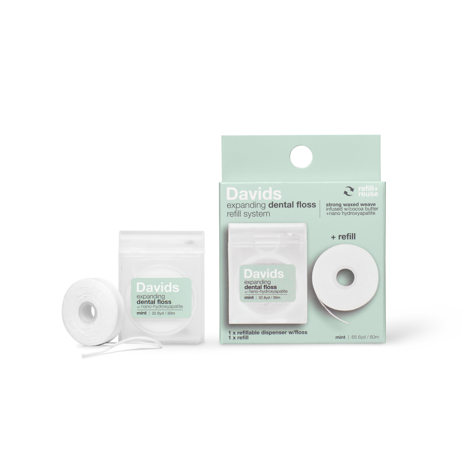 Davids Hydroxi™ expanding dental floss / refillable dispenser + refill / mint / 60m image 1