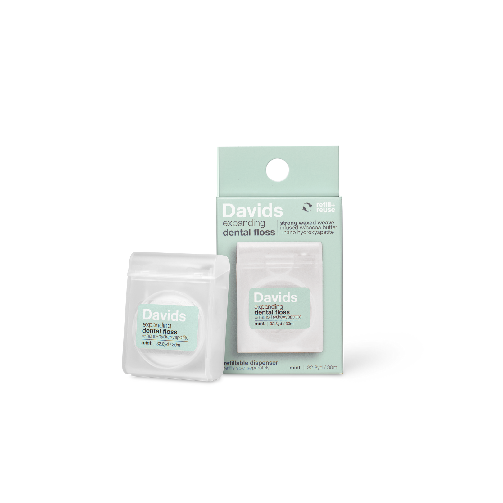 Davids Hydroxi™ expanding dental floss / refillable dispenser / mint / 30m image 1
