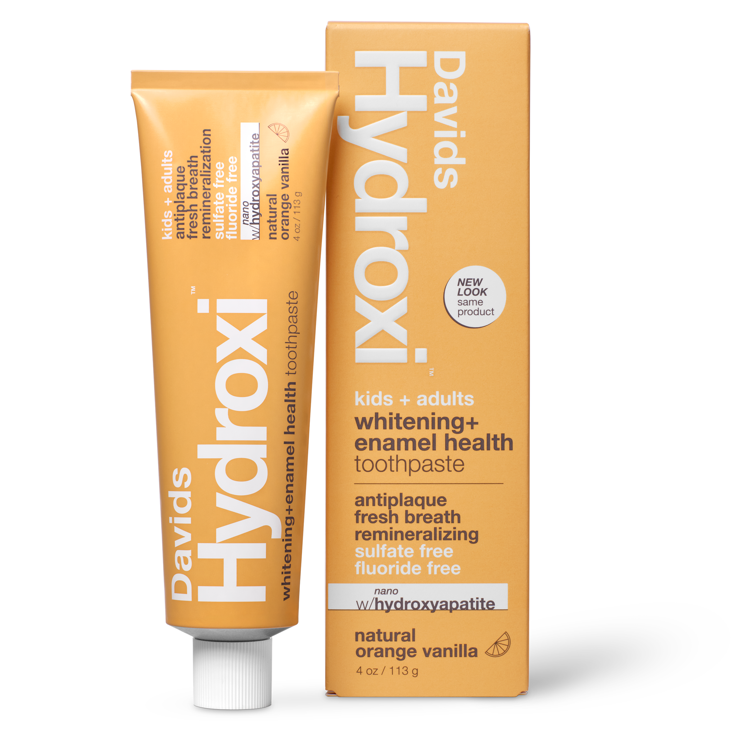 Davids Hydroxi™ whitening + enamel health, nano-hydroxyapatite toothpaste, kids + adults / orange vanilla